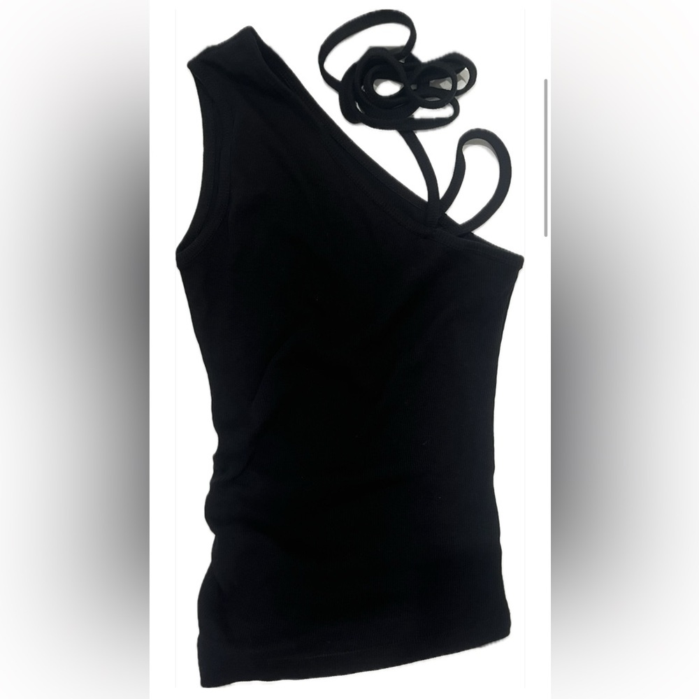 Blackup Women’s black unbalanced shoulder top with neck detail size S